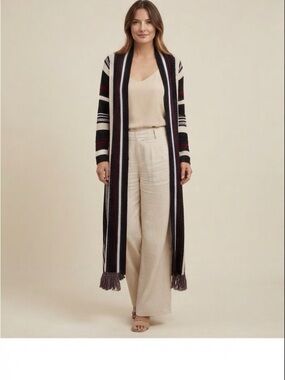 Say What? Black, Cream & Red Striped Longline Open Front Cardigan